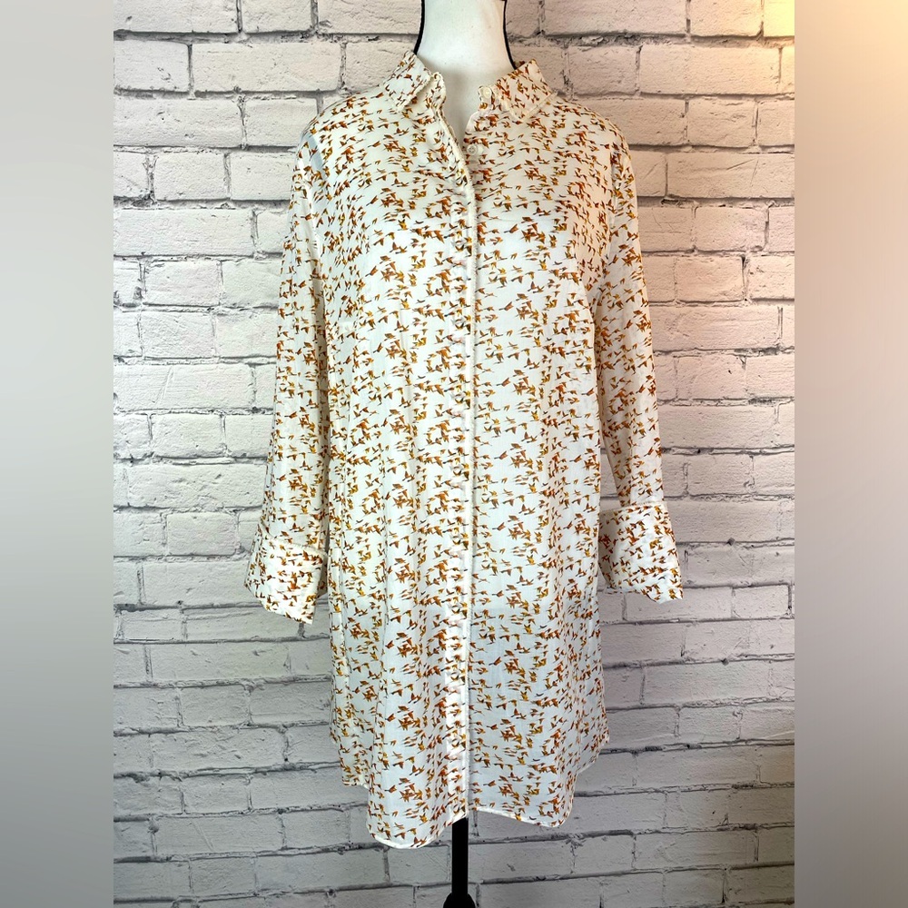 Akris Bohemian Bird Geometric Print Tunic Button Down Shirt Bell Sleeves Size 14